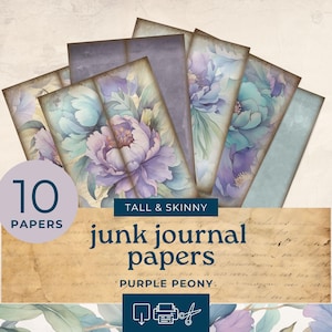 Purple Peonies Tall and Skinny Junk Journal printables , floral tall skinny journal, junk journal pages, teal junk journal kits