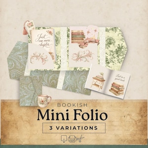 Bookish Junk Journal Mini folio, book lover mini book, tiny trifold pocket ephemera, printable scrapbook kit, book lover,