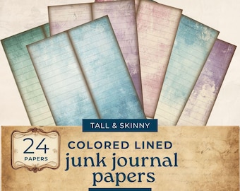 May include: A collection of 24 colored, lined junk journal papers in various pastel shades, including blue, green, and purple. The papers have a distressed, vintage look with the words "TALL & SKINNY" and "24 PAPERS" displayed.