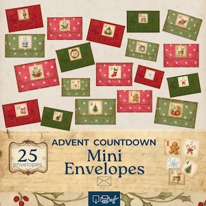 Minikuvert för skräpjournal, nedräkningspapper för jul, scrapbooking-ephemera, fickkuvert för adventsskräpjournal, pysselkit, fickbrev