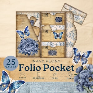 Navy Peony Junk Journal folio, farfalle blu con tagli elaborati, effimeri tascabili a tre ante floreali, kit di scrapbooking in carta stampabile