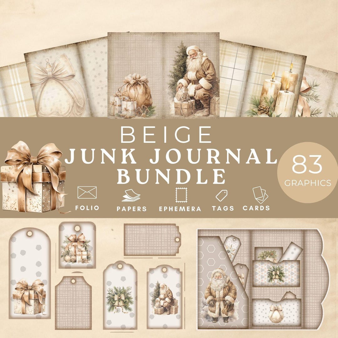 Beige Christmas Junk Journal Kit Mixed Media, Xmas Trifold Pocket Folio ...
