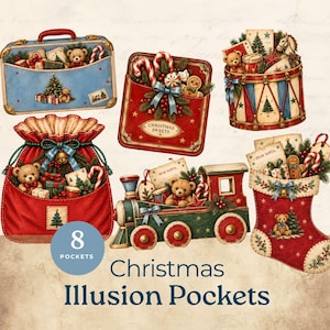 May include: A collection of six Christmas-themed illustrations featuring a blue suitcase, a red tin labelled Christmas Sweets, a drum, a red sack, a green train, and a stocking, all filled with teddy bears, candy canes, and gifts.