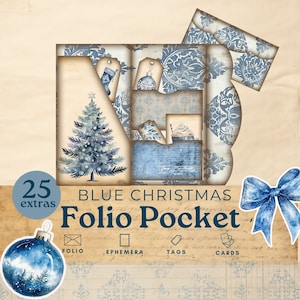 Blaues Weihnachten Junk Journal Folio, pingelige Schnitte für Weihnachten, blaues dreifach gefaltetes Taschen Ephemera, Vintage druckbares Papier Scrapbook Kit, Papierhandwerk