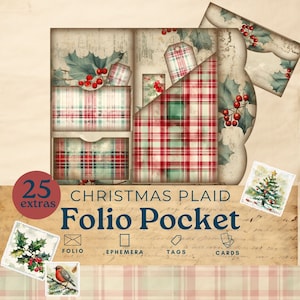 Shabby Chic Christmas Junk Journal Folio, Christmas Plaid Junk Journal Folio, effimera tascabile a tre ante, kit di scrapbooking di carta stampabile