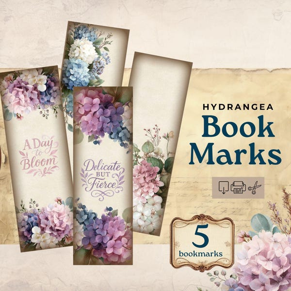 Printable floral bookmark, hydrangea floral journal watercolor printable, junk journal,  Ephemera Junk Journal, cute bookmark printables
