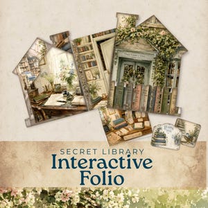 May include: A Secret Library Interactive Folio featuring house-shaped paper cutouts with printed scenes of a cosy study, bookshelves, and a garden entrance. The design includes floral motifs, vintage book spines, and text reading Once Upon a Time.