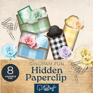 Hidden paperclips printable, gingham hidden paperclip bookmark , plaid printable ephemera, junk journal supplies, digital download