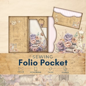 Sewing theme printable  junk journal folio pdf, pocket  ephemera,Vintage Sewing Junk Journal Kit Extras, seamstress themed scrapbooking