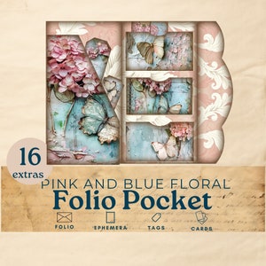 Pastell rosa und blaues florales Junk Journal Folio, shabby chic dreifach faltbares Taschen Ephemera, Aquarell vintage florales bedruckbares Papier Scrapbook