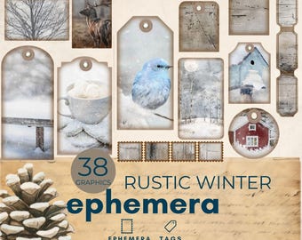 Junkjournaal Kit Winter, winterjunkdagboek afdrukbare efemere ephemera, rustieke kaarten efemere junkdagboek, collageblad, papierkunst