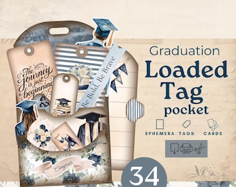 Graduation junk journal pocket tags, graduate loaded junk journal tags, printable ephemera, scrapbooking paper collage, gift for graduate