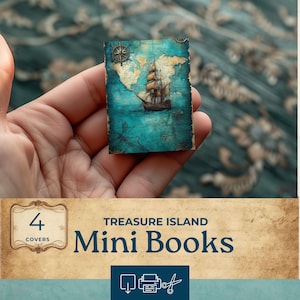 Printable dollhouse mini book, treasure island vintage miniature book, pirate junk journal paper, collage sheet, paper dollhouse book, MB101