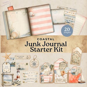 May include: A coastal junk journal starter kit featuring 20 pages, including an open book with seashell and striped patterns, a starfish, lighthouse illustrations, nautical tags, and labels with text like Adventure Awaits and Smooth Seas.