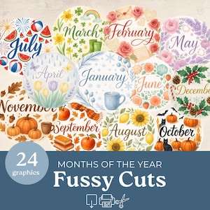 Puede incluir: Un conjunto de 24 gráficos de acuarela que representan los meses del año. Cada mes se muestra dentro de un diseño circular con imágenes estacionales, como calabazas para octubre y flores para mayo. También se incluye el texto "Fussy Cuts".