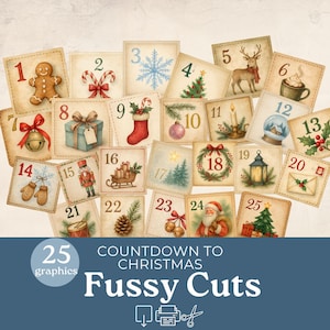 Può includere: Una collezione di 25 grafiche vintage per il conto alla rovescia di Natale. Ogni carta presenta un'illustrazione festiva unica, tra cui un omino di pan di zenzero, un albero di Natale e Babbo Natale. È incluso anche il testo "Countdown to Christmas Fussy Cuts".