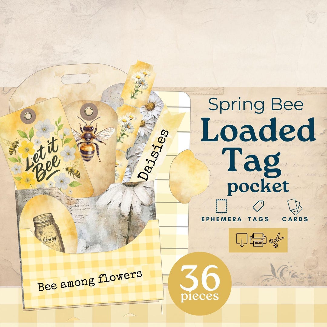 Spring Loaded Tags, Bee Daisies Loaded Junk Journal Pocket Tags, Yellow ...
