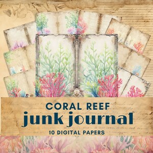 Coral Reef junk journal digitaal papier, onder de zee afdrukbare ephemera, vintage onderwatercollage gerecycled papier plakboek, papiercollage