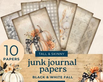 Fall Tall and Skinny Junk Journal printables , black and white tall skinny journal, junk journal pages, journal ephemera, digital download