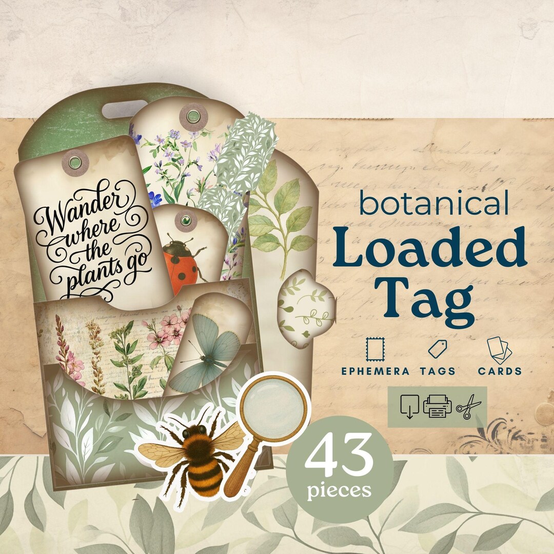 Loaded Tag Botanical, Junk Journal Pocket Tags, Butterfly Loaded Junk ...