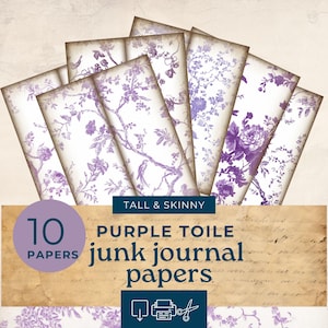 Lavender Toile Tall and Skinny Junk Journal printables , watercolor chin purple tall skinny journal, junk journal pages, journal ephemera