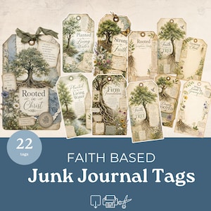 May include: A collection of twenty-two rectangular paper tags featuring vintage-style botanical illustrations of trees, roots, and wildflowers. Each tag includes printed religious text such as Rooted in Christ, Planted by Living Water, and Faith like a Tree, with some tags topped with eyelets and green ribbon.