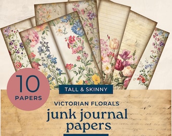 Victoriaanse bloemen Tall and Skinny Junk Journal printables, aquarel bloemen mager dagboekpapier, junk journal kit, junk journal efemere