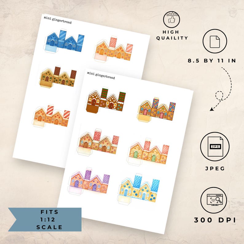 May include: Two white sheets of paper with colorful miniature gingerbread house designs. The text "mini gingerbread" is at the top of the pages. The text "FITS 1:12 SCALE" is at the bottom. The paper size is 8.5 by 11 inches.