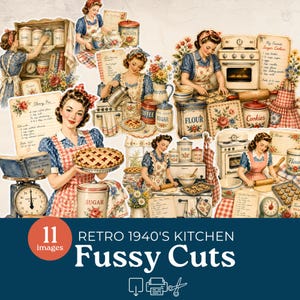 Peut inclure: Ensemble de découpes minutieuses sur le thème de la cuisine rétro des années 1940. Les images présentent des femmes en tabliers en train de cuisiner, avec des éléments comme des tartes, des biscuits, de la farine, du sucre et des appareils de cuisine vintage.