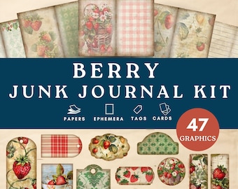 パッチワークイチゴのファジーカット、ジャンクジャーナルキット