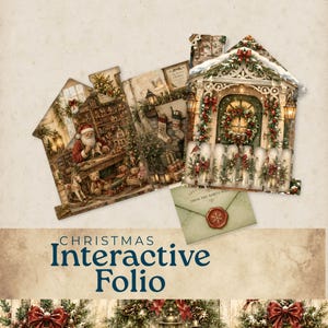 May include: A Christmas interactive folio featuring a house-shaped design. One side shows Santa Claus in a workshop with toys, while the other depicts a decorated house exterior with a wreath. Includes a green envelope with a red wax seal.