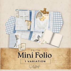 May include: A faith-themed mini folio with a light blue and white color scheme. The folio features a cross, a dove, and a rose. The text "Faith Mini Folio" is displayed on the bottom of the image. The folio has a gingham pattern and includes a small notebook.