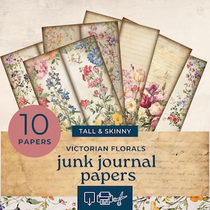 Victorian floral Tall and Skinny Junk Journal printables , watercolor floral skinny journal paper,  junk journal kit, junk  journal ephemera