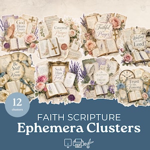 May include: A collection of 12 faith-themed ephemera clusters featuring vintage-style paper, open books, floral arrangements with roses and lavender, crosses, clocks, and inspirational text including God Hears Every Prayer and Trust His Timing.