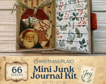 Christmas Plaid Mini Junk Journal kit, shabby chic printable mini junk journal, bakery mini folio, mini envelope, junk journal ephemera