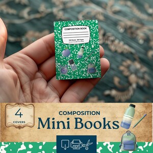 Pode incluir: Um mini caderno de composição com uma capa verde com ilustrações com tema escolar. A capa diz "COMPOSITION BOOK" e inclui um espaço para um nome. O livro é segurado em uma mão, com o texto "100 folhas 200 páginas".