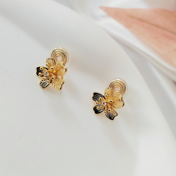 Clip on Earrings for Women|Gold Sakura Stud|Gold Earrings|Flower Earrings|New Pain Free Clip Coil Design|Non Pierced Ears,Gifts For Her