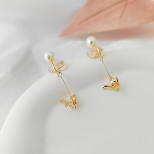 14K Gold Crane Clip On Earrings: Freshwater Pearl, Non Pierced Ears