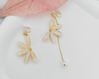 Clip On Earrings|Mismatched Flower drop with pearl clip on earrings|New Pain Free Clip Coil Design|Non Pierced Ears,Gifts For Her