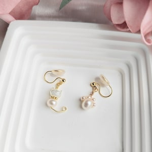 Clip On Earrings|Mismatched Pearl Cute Cat and Claw-Shaped drop Earrings|New Pain Free Clip Coil Design|Non Pierced Ears,Gifts For Her