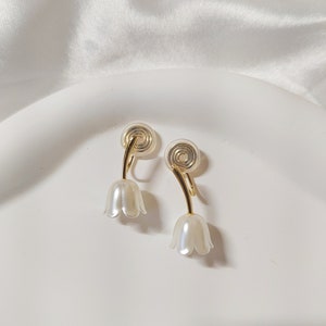 White Tulip Clip On Earrings: Pain-Free Coil, Non Pierced