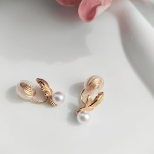 Gold Leaf Clip On Earrings: Freshwater Pearl, Non Pierced Ears