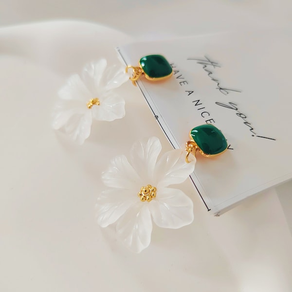 Clip On Earrings for Women|White Flower Drop clip on Earrings|Wedding Earring|New Pain Free Clip Coil Design|Non Pierced Ears|Gifts For Her