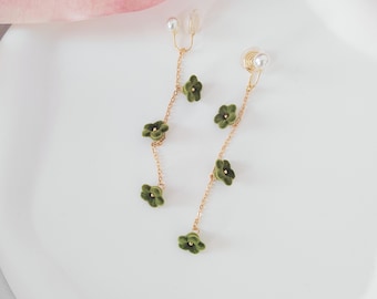 Clip on Earrings|Velvet Green Flowers with 14K Gold Long Tassel Earrings|New Pain Free Clip Coil Design|Non Pierced Ears,GiftsFor Her