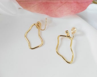 Invisible Clip On Earrings, Golden Irregular Circle Earrings|Gold Earrings|New Pain Free Clip Coil Design|Non Pierced Ears,Gifts For Her