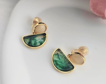 Invisible Clip On Earrings|Green Semi Circle Resin Drop clip on earrings|New Pain Free Clip Coil Design|Non Pierced Ears,Gifts For Her