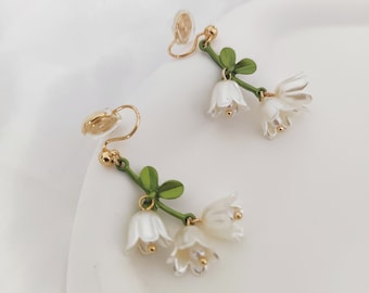 Clip On Earrings|Invisible White Bluebells drop clip on earrings|New Pain Free Clip Coil Design|Non Pierced Ears,Gifts For Her