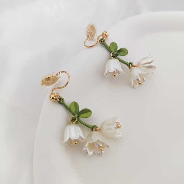 Clip On Earrings|Invisible White Bluebells drop clip on earrings|New Pain Free Clip Coil Design|Non Pierced Ears,Gifts For Her