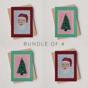 4er Set Vintage Weihnachtskarten | Handgemalter Weihnachtsbaum und Weihnachtsmann | Festliche Stempel Weihnachtskartendesigns | Innen leer