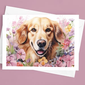 4x6 inch Note Card Pack of 10 - Golden Retriever Dog Puppy Floral Flower